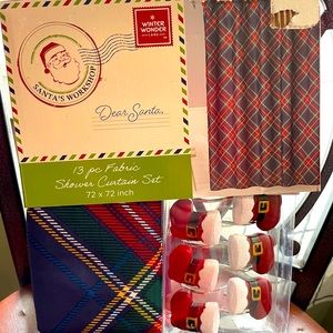 NWT Winter Plaid Holiday Shower Curtain & Santa Boots Hooks